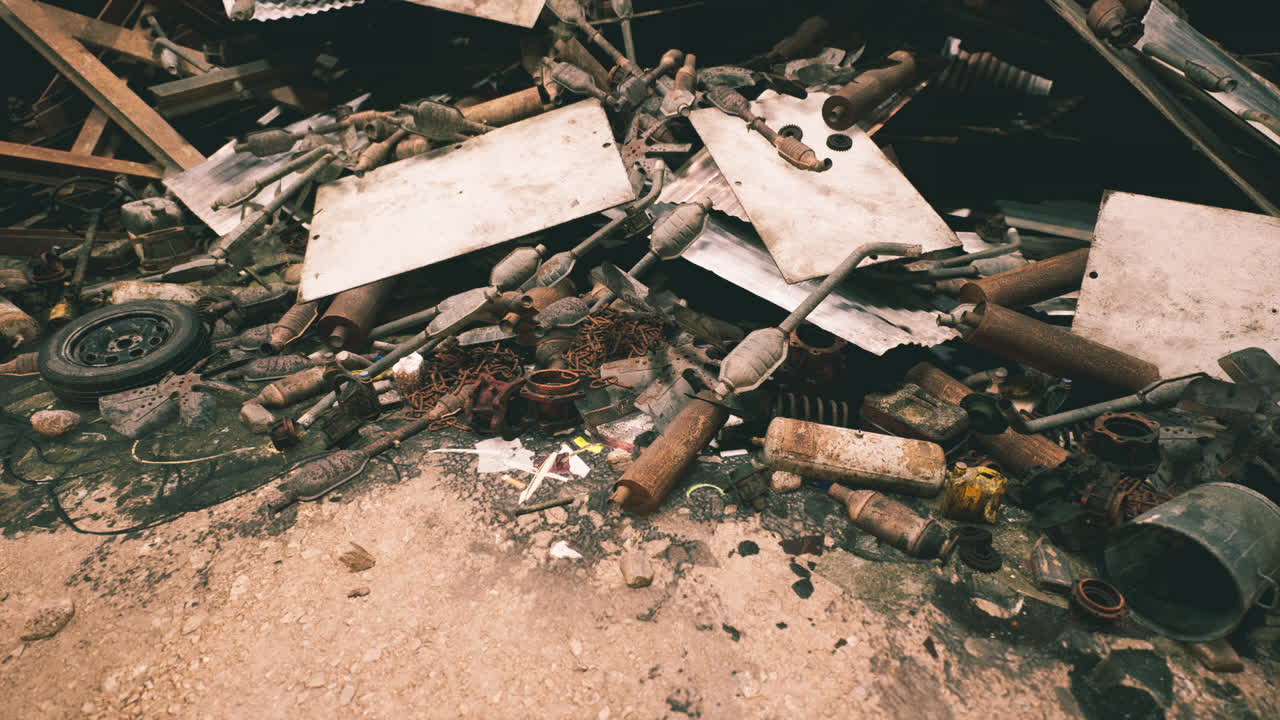 Debris and discarded items scattered across a construction site in daylight