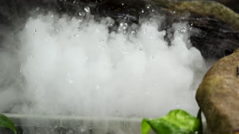 water bubbles vigorously, creating fog in a rocky, natural environment with lush greenery
