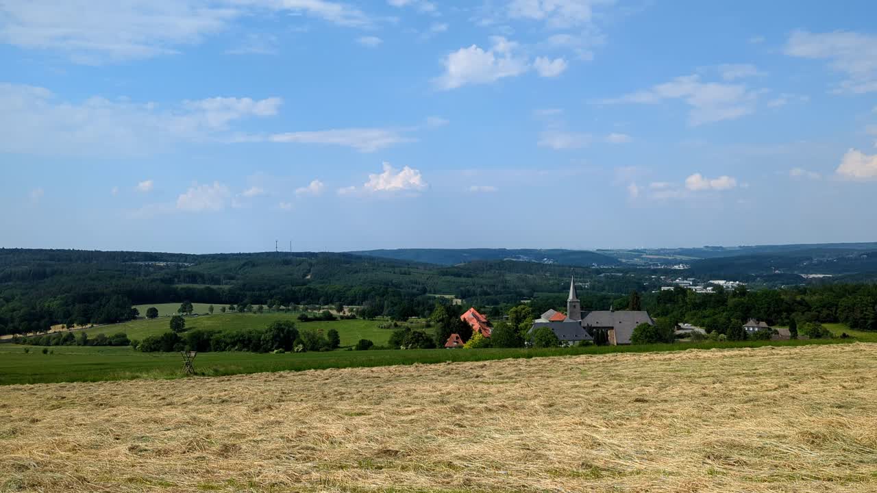 panorama of “Kloster Oelinghausen“ historic convent, nunnery with church tower near Arnsberg Sauerland Germany