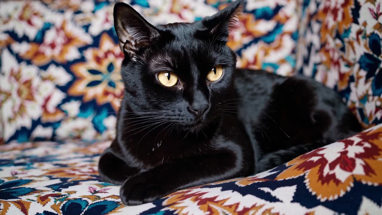 밝은 노란 눈을 가진 우아한 검은 고양이가 활기찬 모양의 소파에 웅장하게 누워 있으며, 고양이의 정교함과 가정의 평온의 오라를 방출합니다.