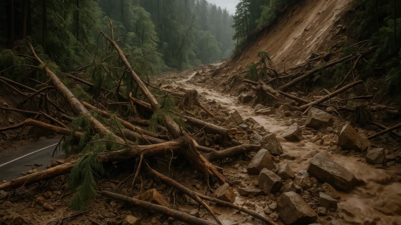 Aerial view of a landslide blocking a forest road, capturing the chaos of fallen trees and debris