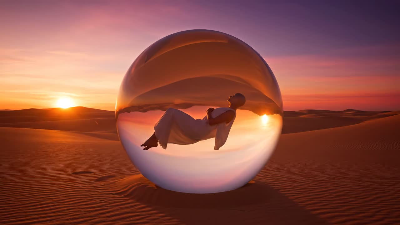 A Surreal Sunset Scene with a Floating Figure in a Crystal Ball in the Desert