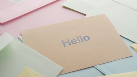 close up of hello text in blue  on a envelope