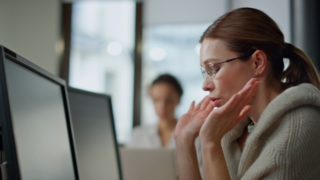 Software developer thinking solution closeup. Stressed woman programming analyze