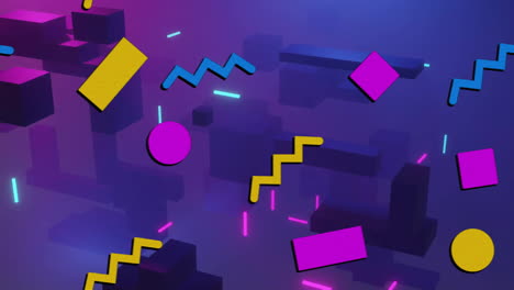 animación de rosa, naranja y azul y guiones sobre controladores de videojuegos e iconos en púrpura