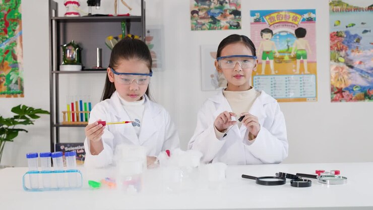 Aasialaiset opiskelijat laboratoriotakeissa käyttävät pipettejä ja dekantterilaseja kemian kokeisiin valoisassa luokkahuoneessa.