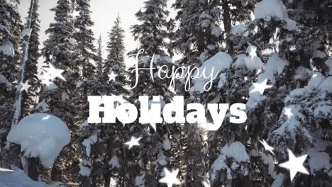 animation of happy holidays text with stars over winter landscape