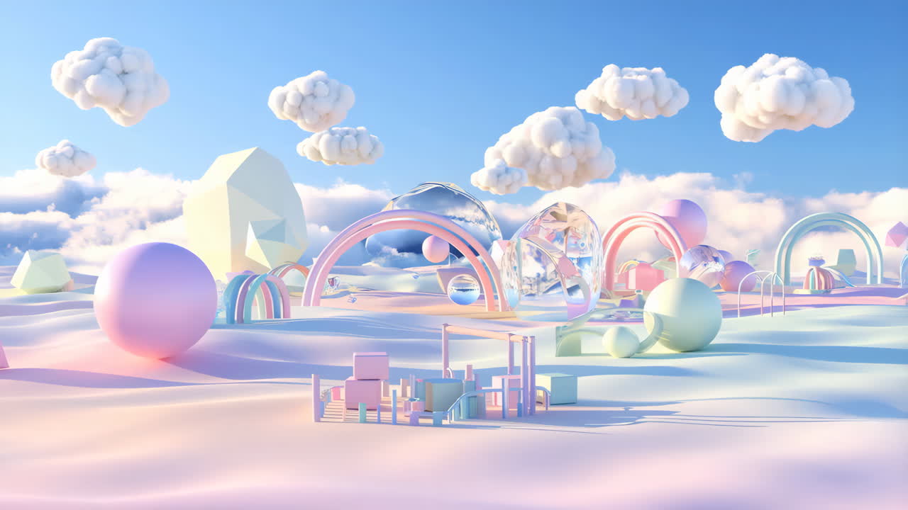 Dreamlike Pastel Landscape with Geometric Shapes and Clouds