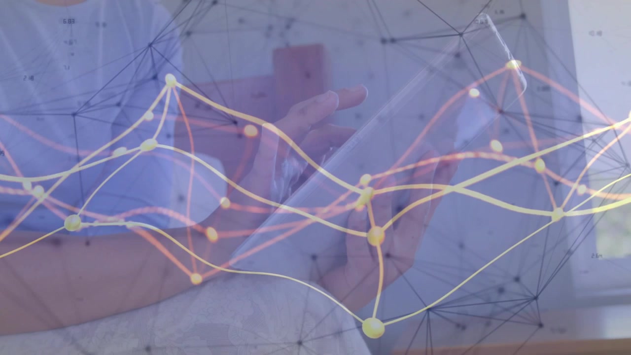 Woman reclining on bed tapping smartphone and causing AR nodes and network lines highlighting tech