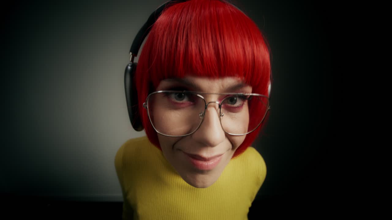женщина с красным париком и наушниками.