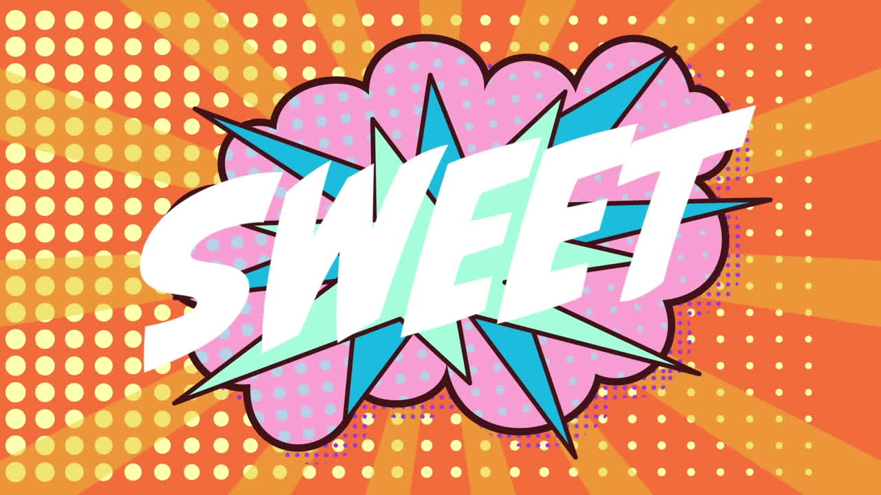 animación de texto brillante sobre gráficos de cómics en fondo naranja