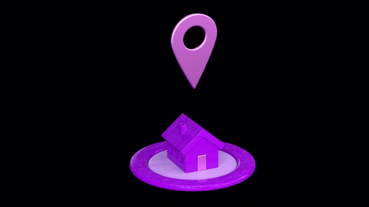 puntero de mapa púrpura con el icono de la casa aislado. símbolo de marcador de ubicación de la casa. volteando la casa con pin gps 3d render animación en bucle