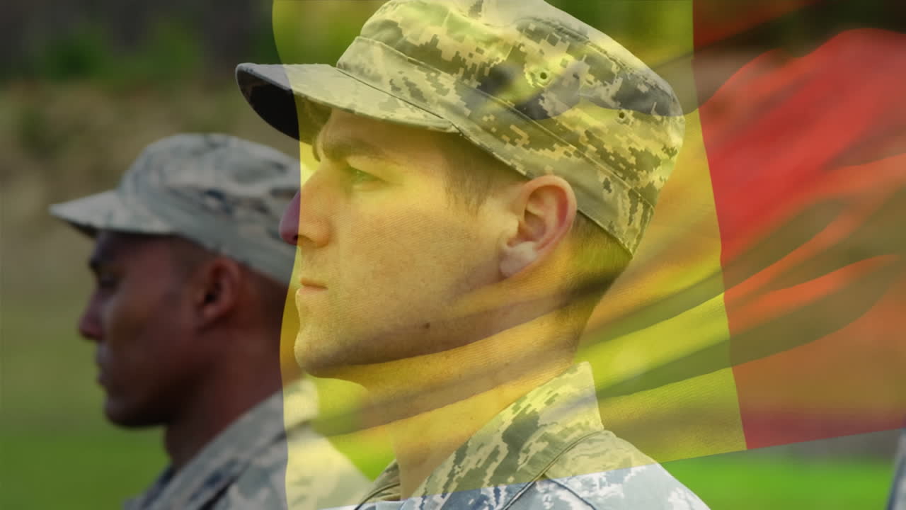 벨기에의  ⁇ 발이 군복을 입은 남성 군인들 위에 그려진 애니메이션