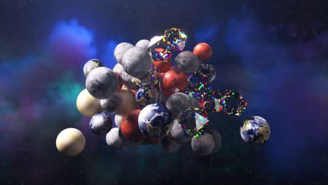 astronauta sosteniendo un grupo de planetas y lunas con cristales