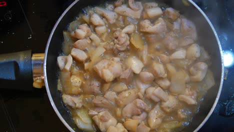 cocinar pollo con cebollas en una sartén