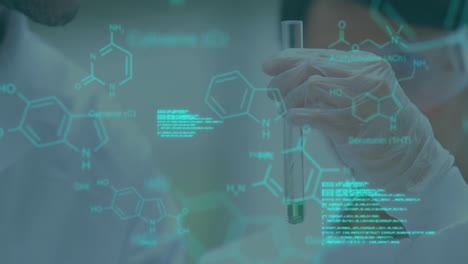 scientist working in a laboratory with data and structural formula of chemical compounds