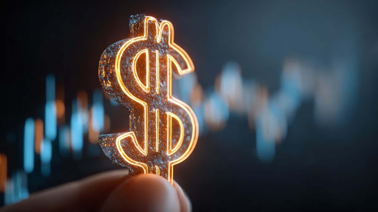 Simbolo del dollaro illuminato su uno sfondo di grafici finanziari, che rappresenta le tendenze valutarie e le dinamiche economiche in un moderno ambiente finanziario.