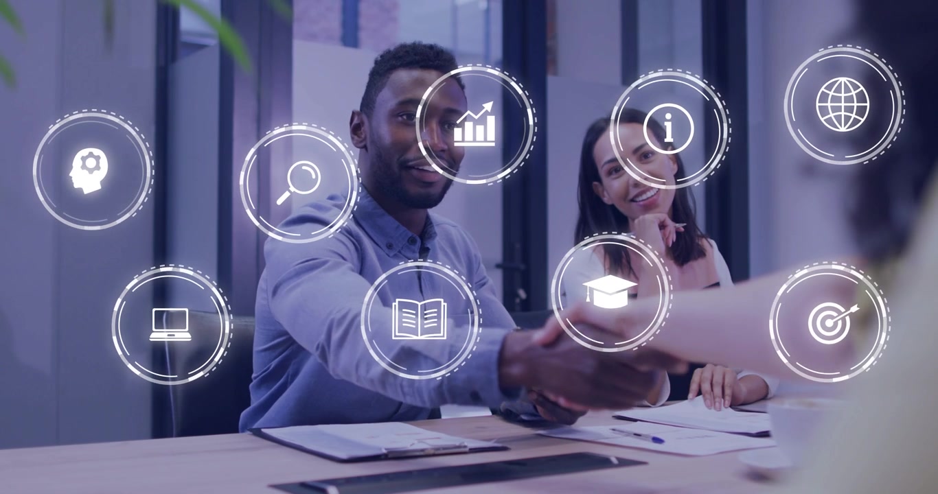 Man presenting update, pointing tablet in business meeting, animated icon grid forming, handshake