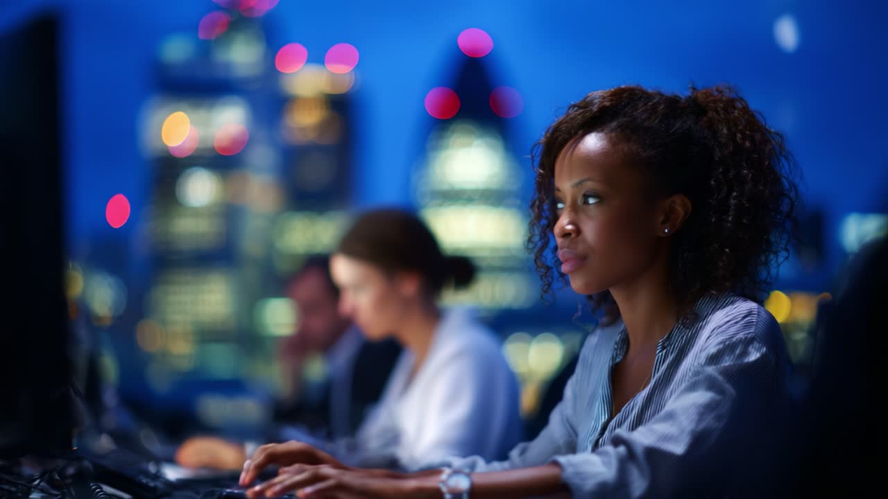 Focused professional woman working on a computer at night with city skyline in the background, exemplifying concentration and teamwork in a technological environment
