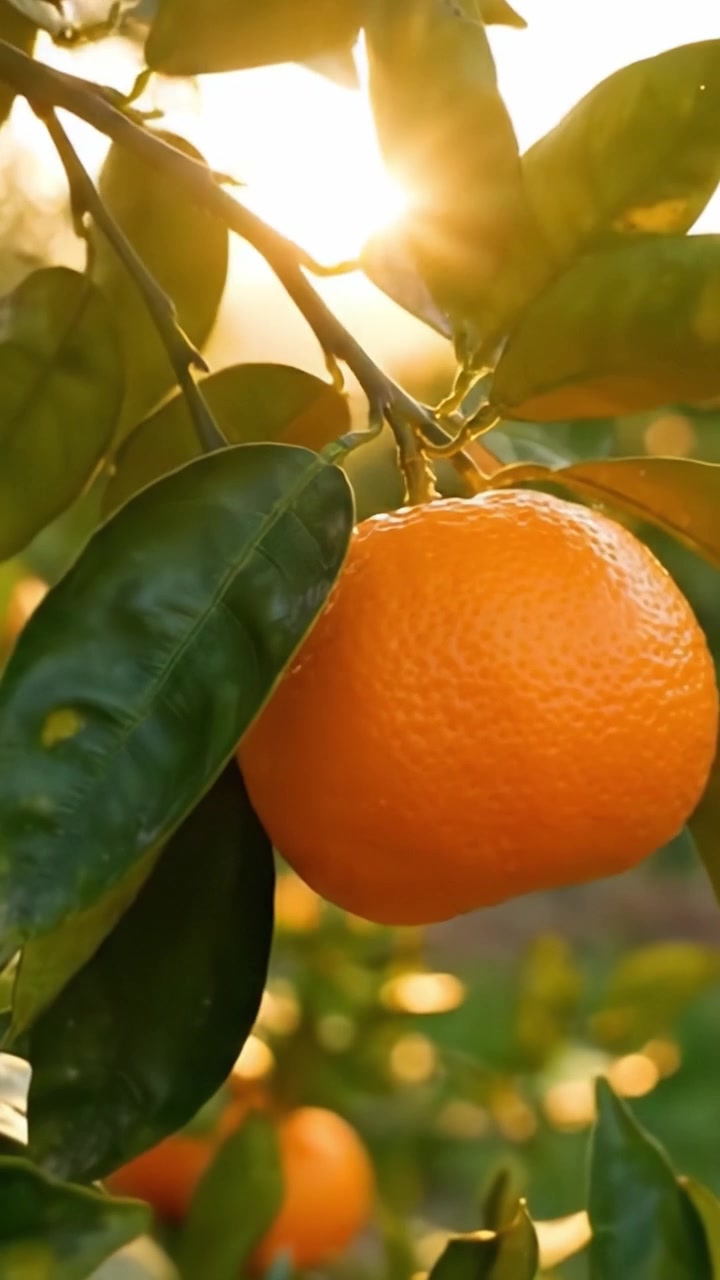 Arance Vivaci Appese in un Frutteto Illuminato dal Sole: Primi Piani Accattivanti di Agrumi Succosi Circondati da Foglie Verdi Lussureggianti, Simbolo di Freschezza e Abbondanza