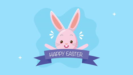 feliz tarjeta animada de pascua con un conejo lindo y un marco de cinta