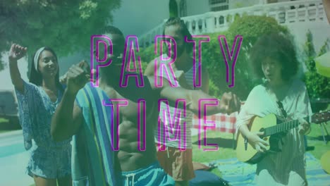 animation of party time text over diverse group of friends smiling and raising hands