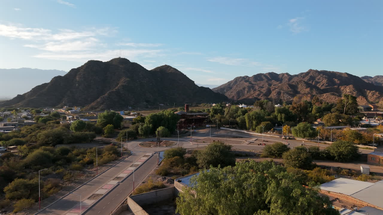 Aerial view of Estación 1 Cable Carril historic mining site and mountains in Chilecito, La Rioja, Argentina