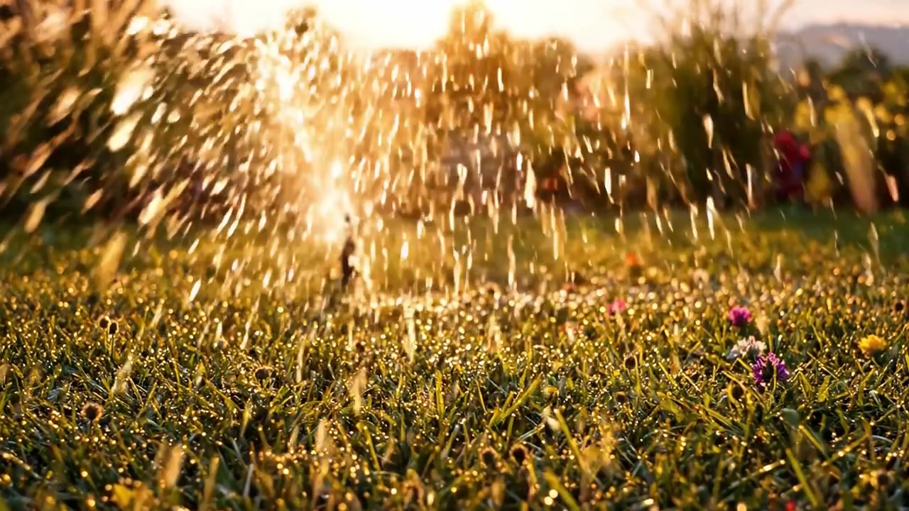 Irrigazione suggestiva al tramonto in un giardino lussureggiante: uno splendido spettacolo di irrigatori in azione che esalta la vegetazione rigogliosa e i fiori colorati sotto una luce soffusa.