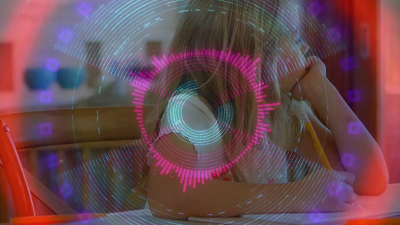 Female child doing schoolwork at kitchen table, visualizer overlay pulsing and causing pauses