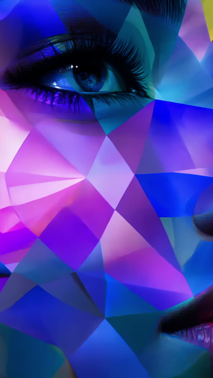 A woman's face is shown in a colorful, abstract style. The colors are bright and bold, and the woman's eyes are the focal point of the image. Scene is energetic and vibrant