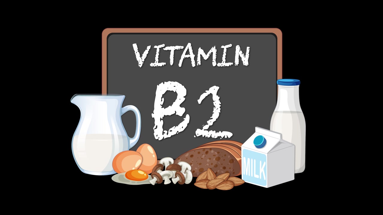 Lavagna animata che rivela la vitamina B2 con latte, uova, funghi, pane e frutta secca su sfondo nero