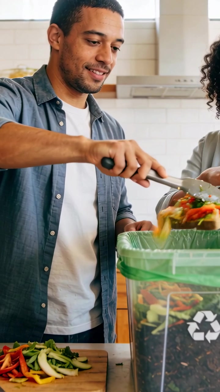 Video vertical: Vaciando un cuenco de verduras, un hombre con camiseta y pinzas lo vierte en un cubo verde en el mostrador, con espacio para texto