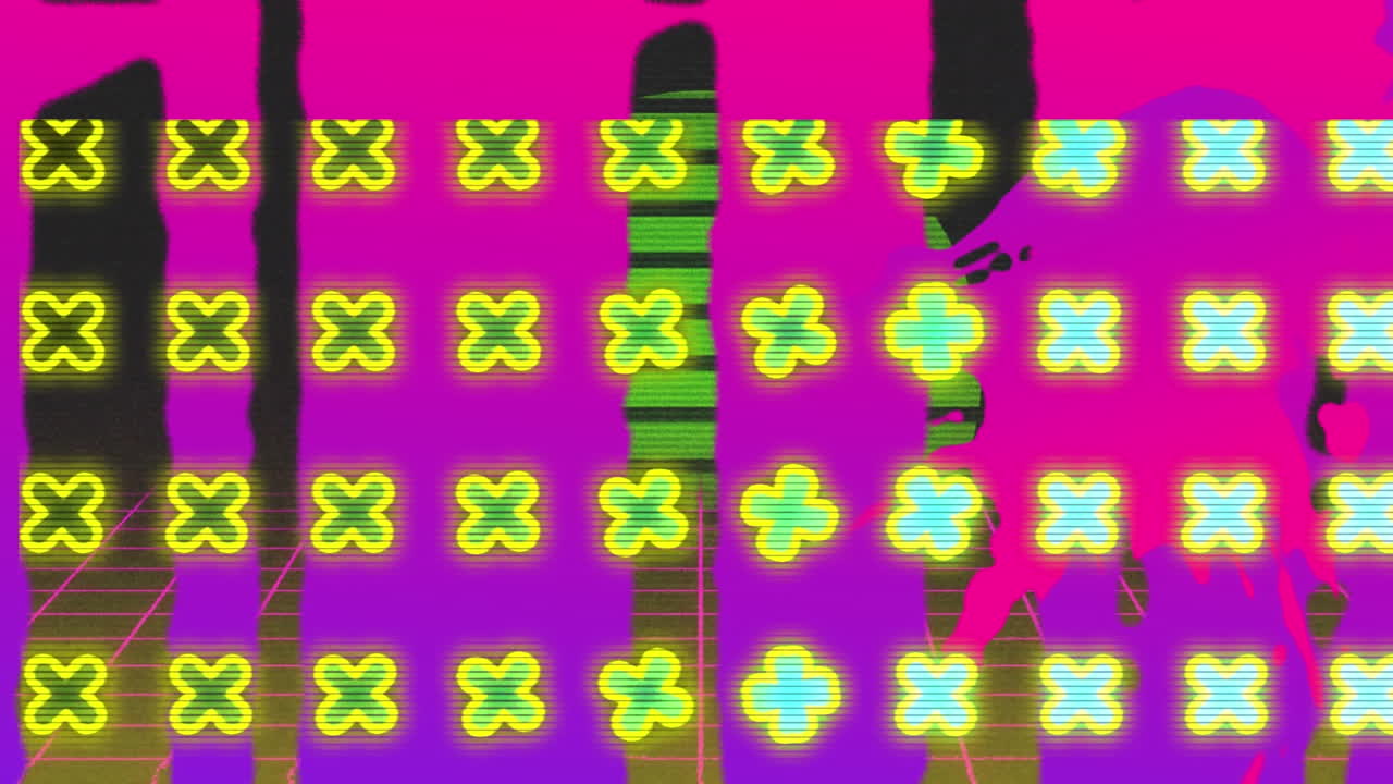 디지털 공간에서 다채로운 추상적인 모양과 십자가의 애니메이션