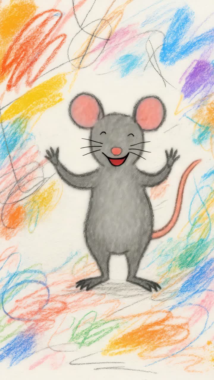 Illustrazione eccentrica di un topo con scarabocchi colorati, ripresa da un'angolazione dall'alto