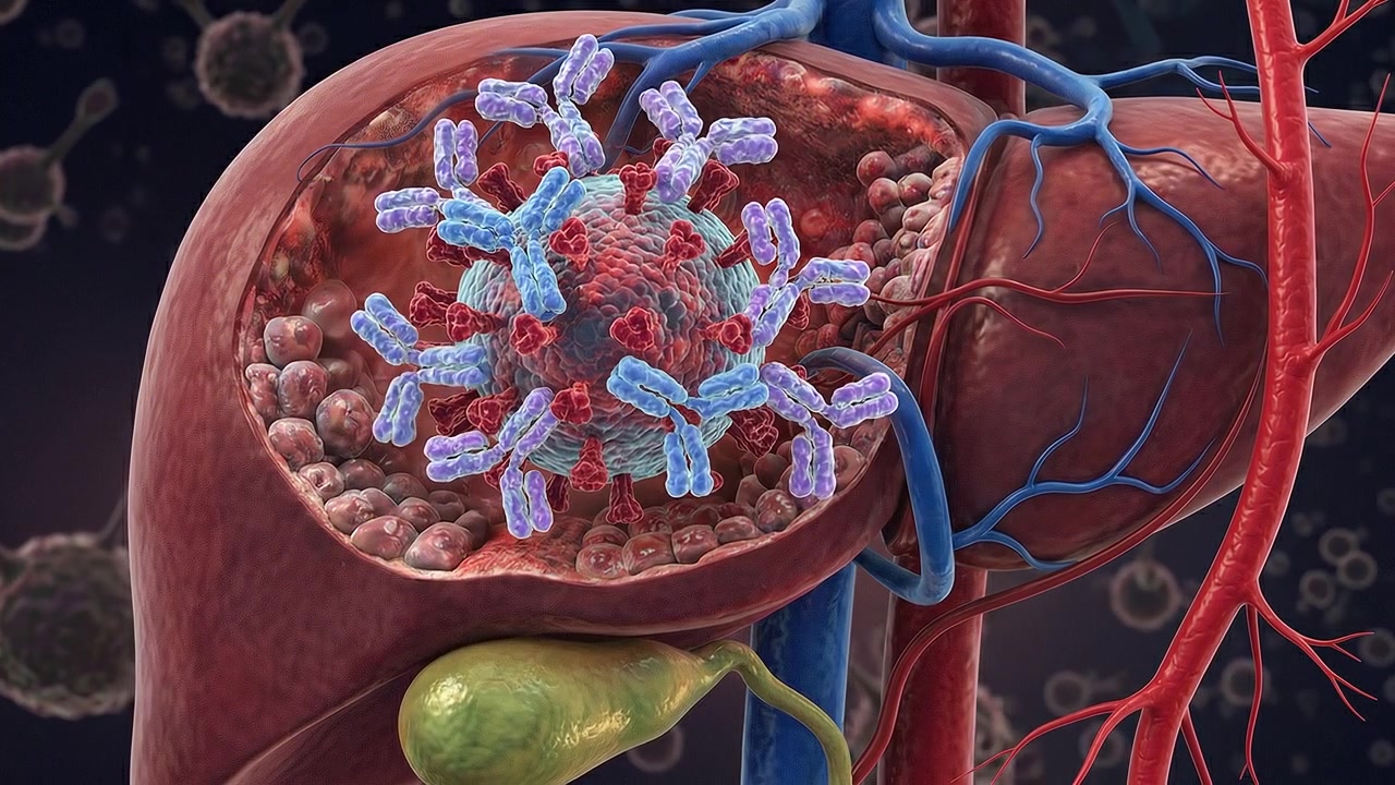 Microscopic Cellular Scan of Virus Cells Infiltrating Human Hepatic Tissue