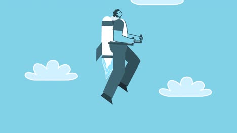 flying man with jet pack with smartphone. flat design cartoon character isolated loop 2d animation with alpha channel