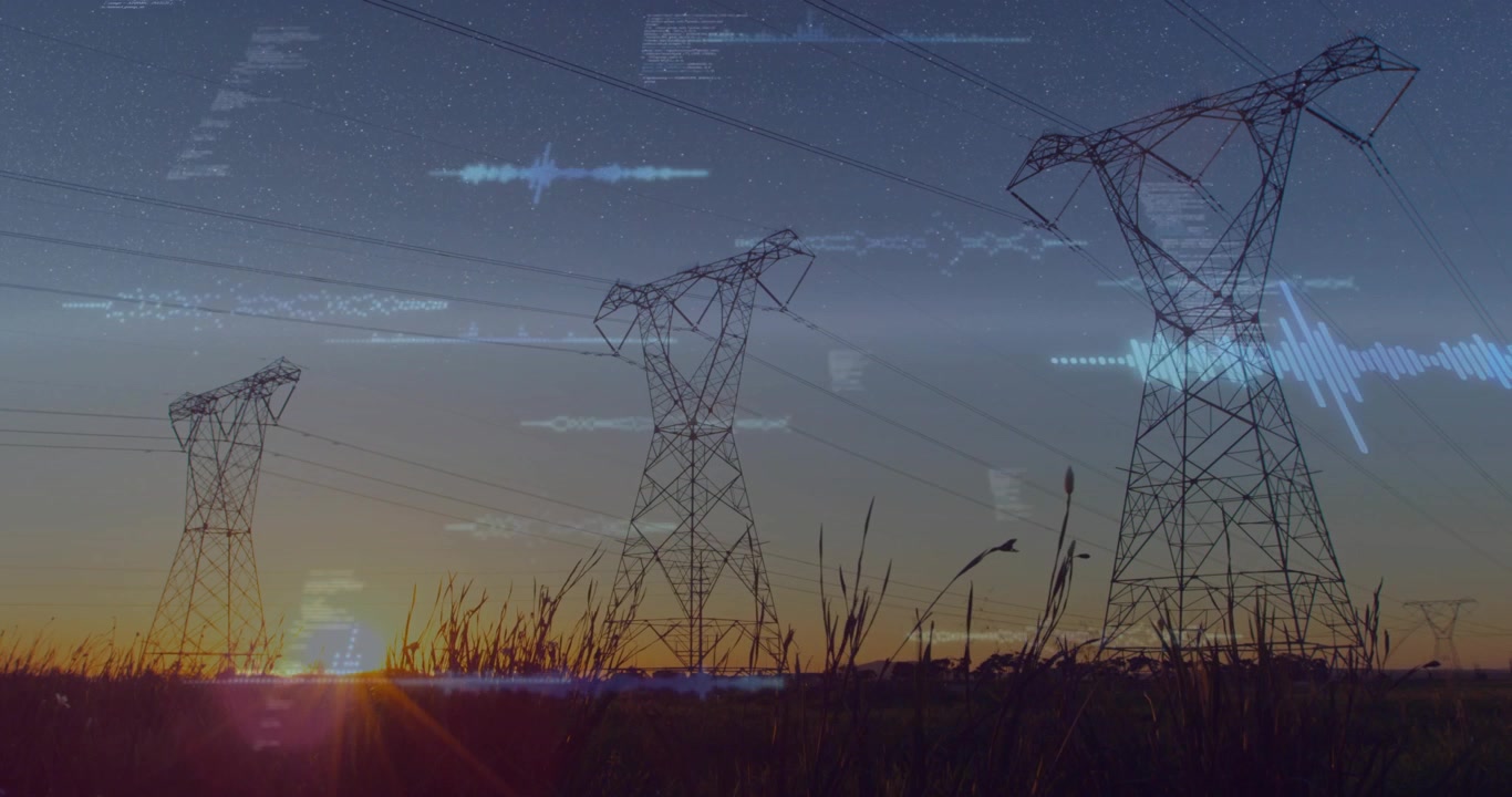 High Voltage Power Lines at Sunset with Digital Data Overlay