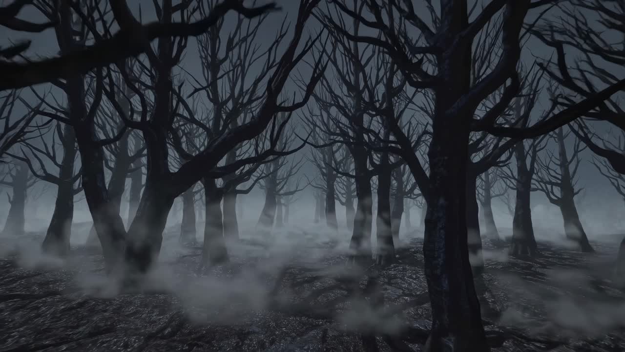 Swirling fog envelops leafless trees in a dark, eerie forest, crafting a mysterious and spooky atmosphere that evokes feelings of suspense and intrigue in the twilight landscape
