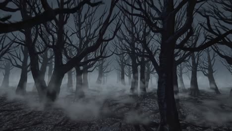 swirling fog envelops leafless trees in a dark, eerie forest, crafting a mysterious and spooky atmosphere that evokes feelings of suspense and intrigue in the twilight landscape