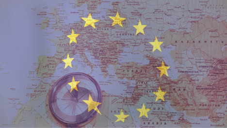 european union stars animation over map of europe and compass