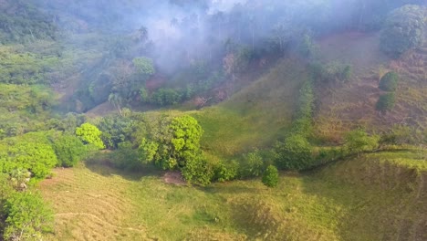 Aerial-view-smoking-wildfire,-in-the-tropical-Jungles-of-Africa---tilt-up,-drone-shot