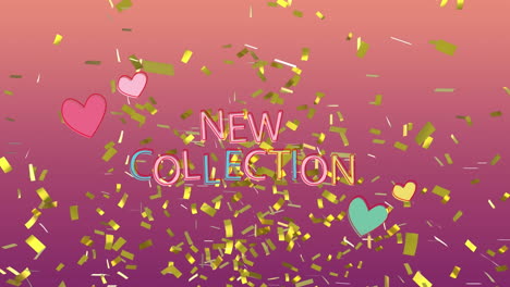 animation of new collection text over confetti and hearts on purple background