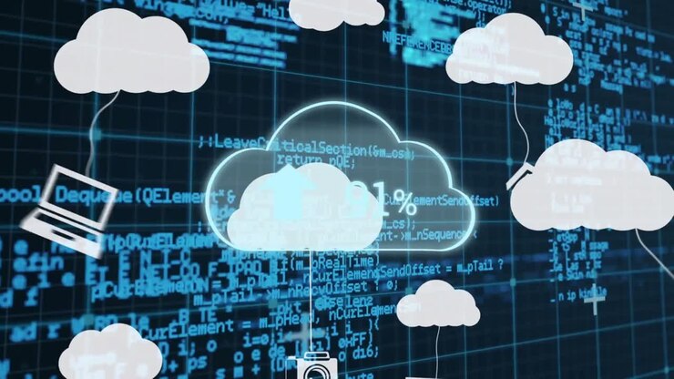 Animation of clouds with icons and growing number over data processing
