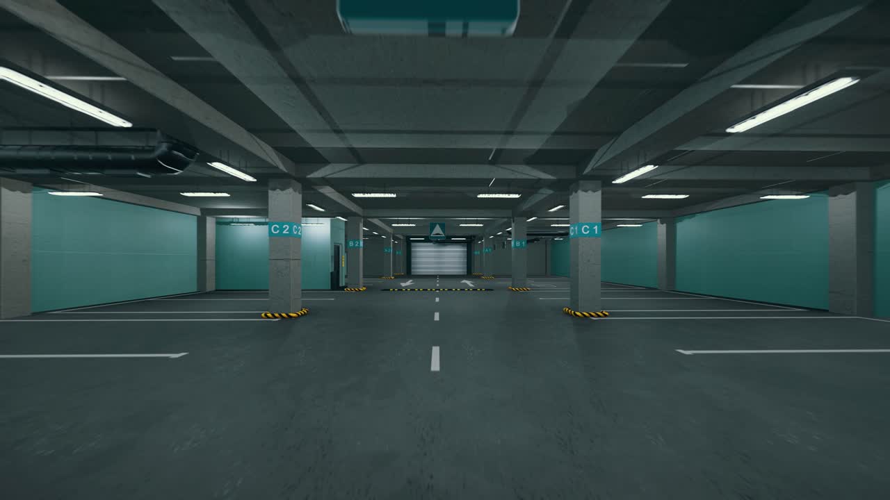Underground parking without cars. Modern underground parking. Indoor full modern parking. Underground Parking Garage Scene