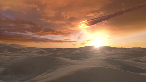 sunset over a desert landscape with a meteor