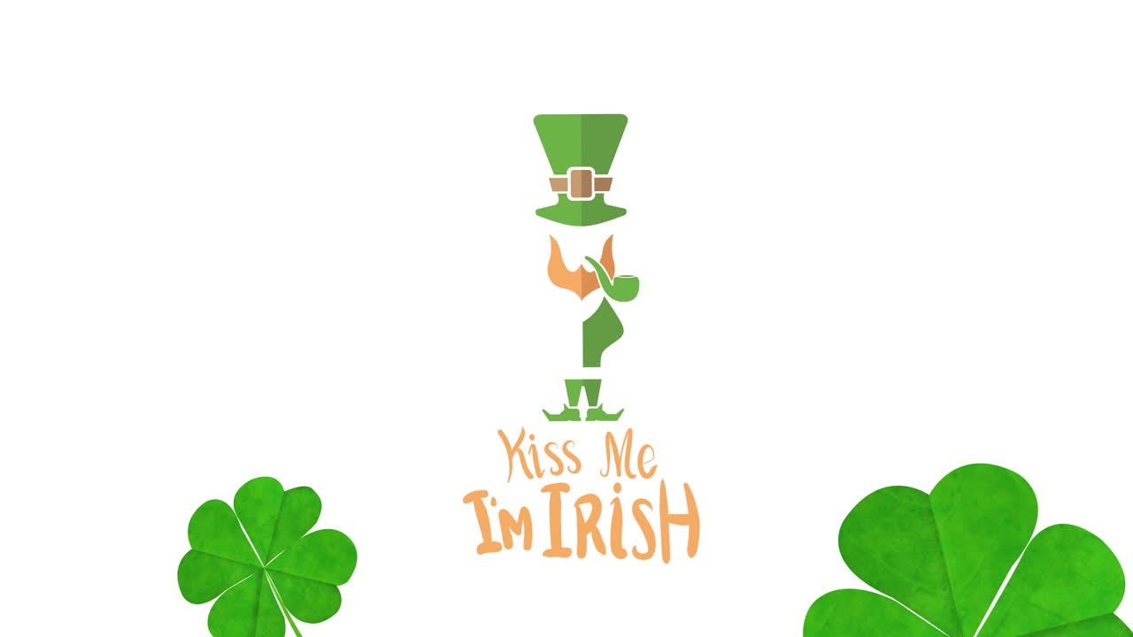 Animação de texto 'beije-me, sou irlandês' com um leprechaun e folhas de trevo em fundo branco