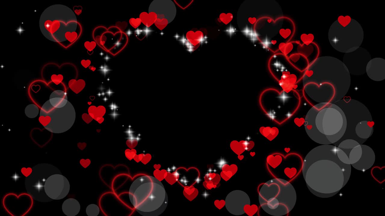 발렌타인 데이의 영상 오버레이를 위한 심장의 애니메이션 프레임, 인사 사랑 프레임의 심장, 텍스트를 위한 장소, 발렌타인의 날을 위한 축제 경계 장식, 보케, 원활한 루프