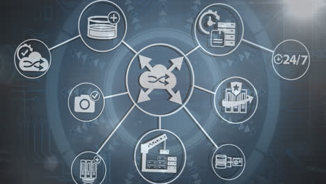 digital animation of network of multiple digital icons against round scanner on blue background