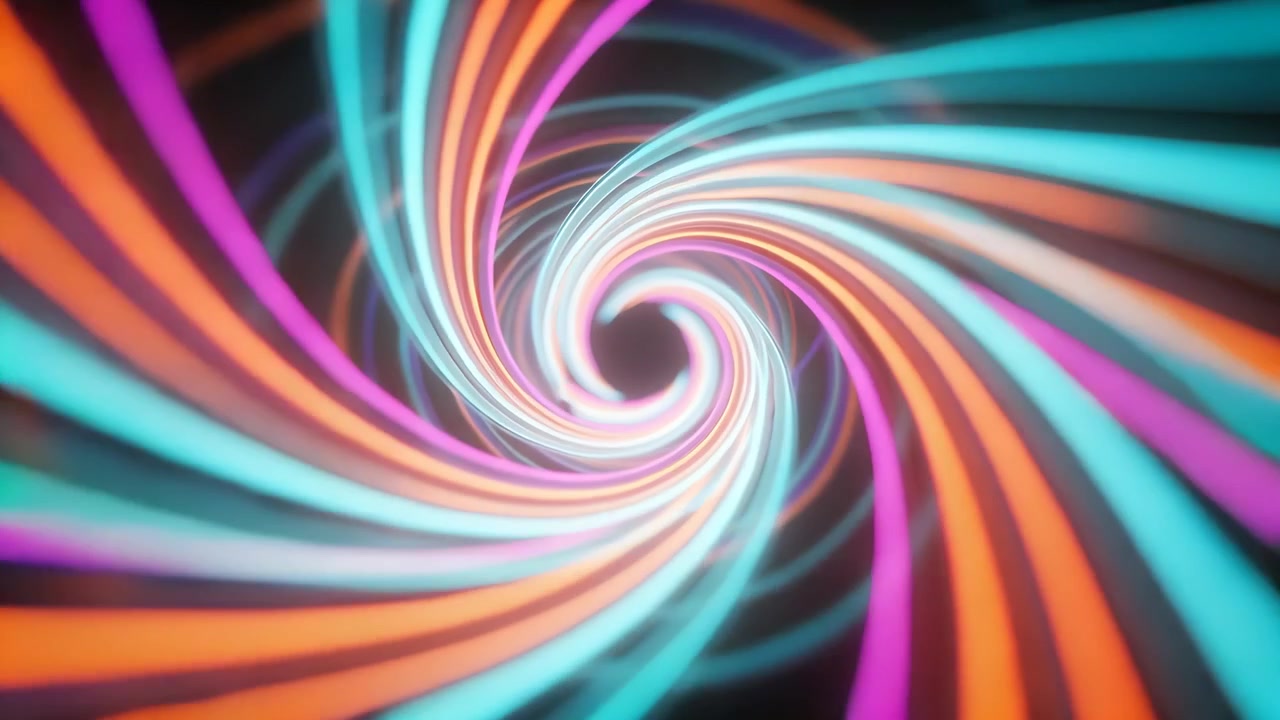 Play starting glowing cyan orange magenta white ribbons spinning toward dark void, forming tunnel