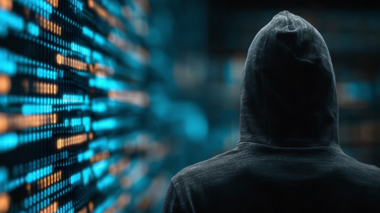 Una figura misteriosa con felpa si staglia su uno sfondo di flussi di dati luminosi, emanando un'aura di mistero ed enigma tecnologico.